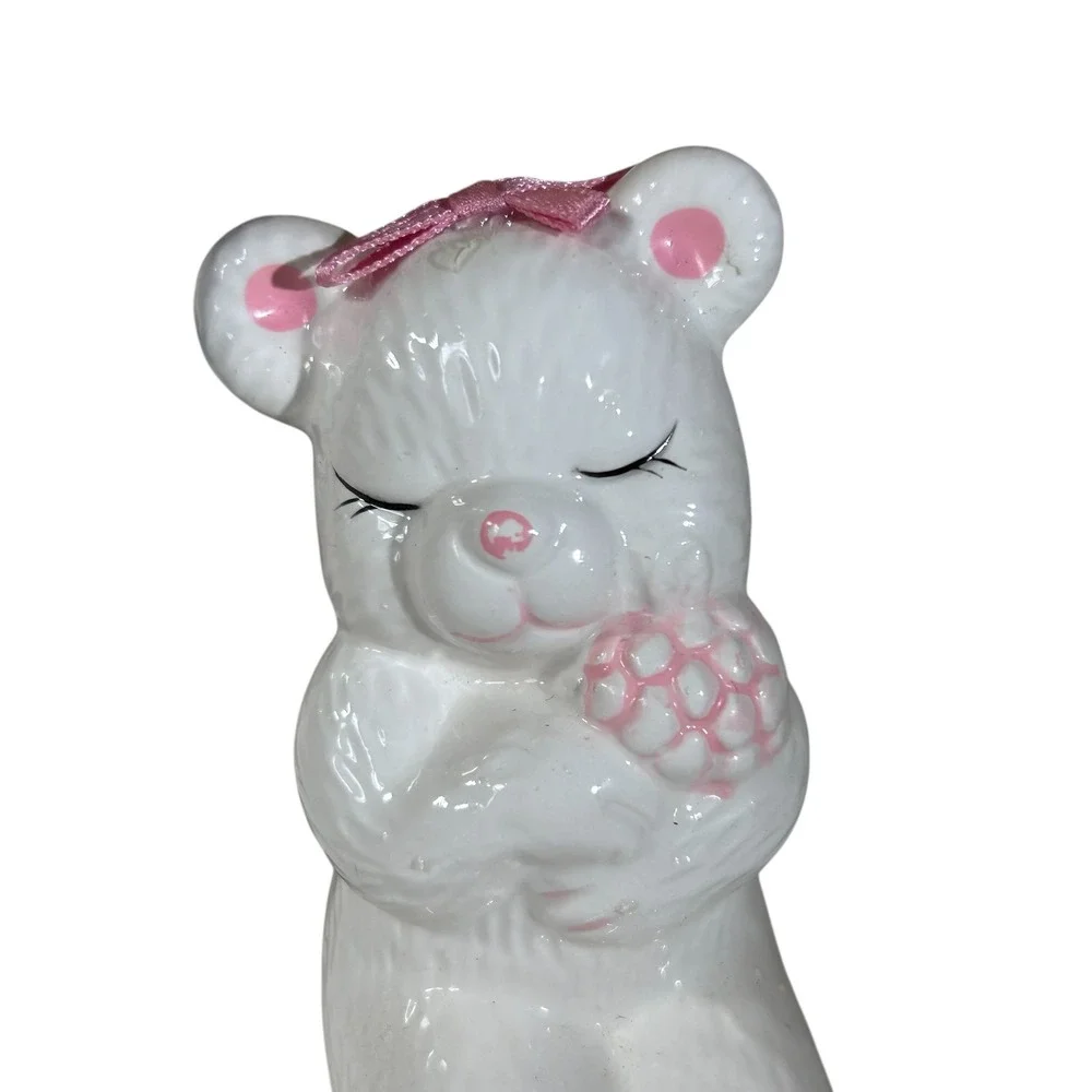Loomco Original 1991 Ceramic Teddy Bear Pink Bow Holding Flowers Figurine RL722